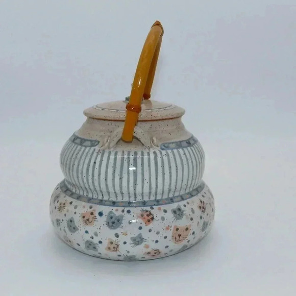 Vintage Lynne Norwood Lofton Art Pottery Pink Blue Kitten Cat Teapot Signed - Picture 7 of 13